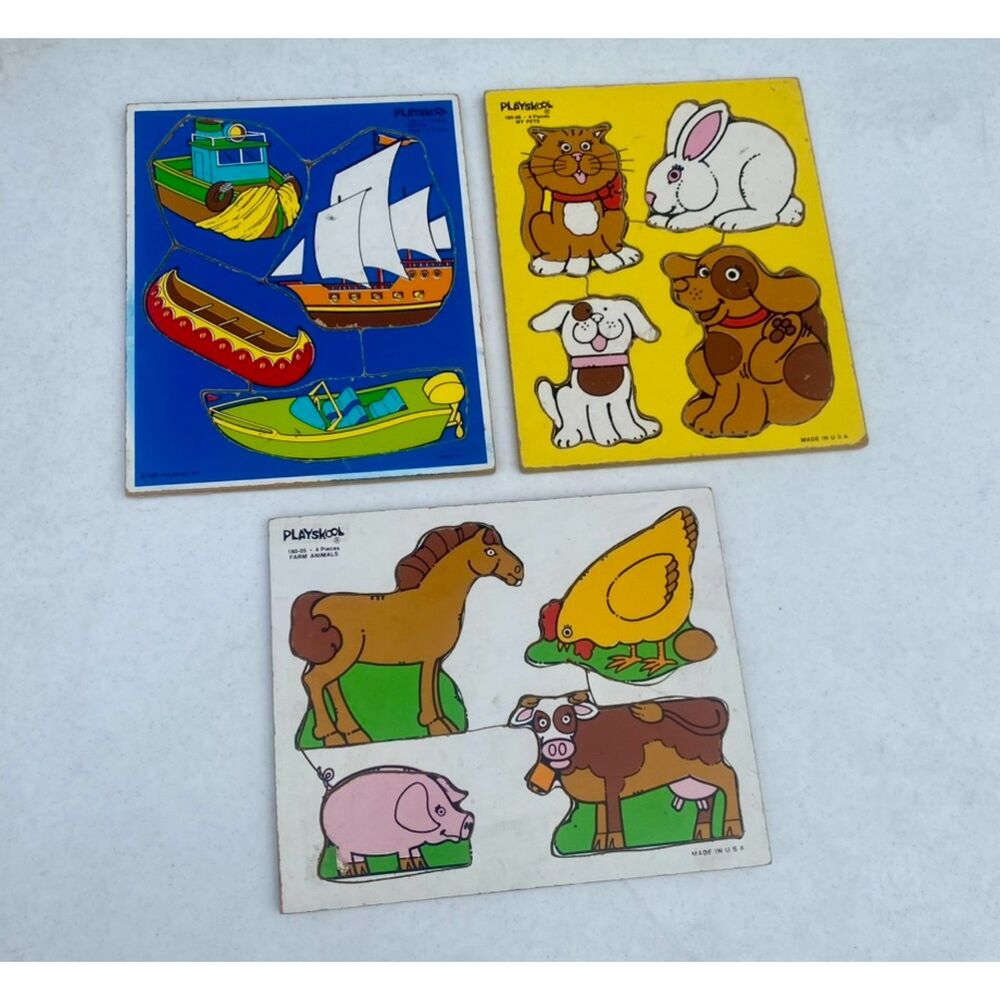 LOT of 3! Vintage Playskool Wood Puzzles FARM Animals PETS Cow Dog Horse & BOATS